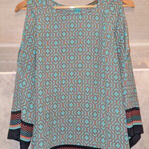 Adrianna Papell Trellis Print Cold Shoulder Top, Teal Blue & Orange, Small